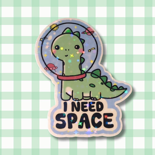 Holo Glitzer Vinyl Sticker - I need space - Süßer Dino im Weltall kindafcreations