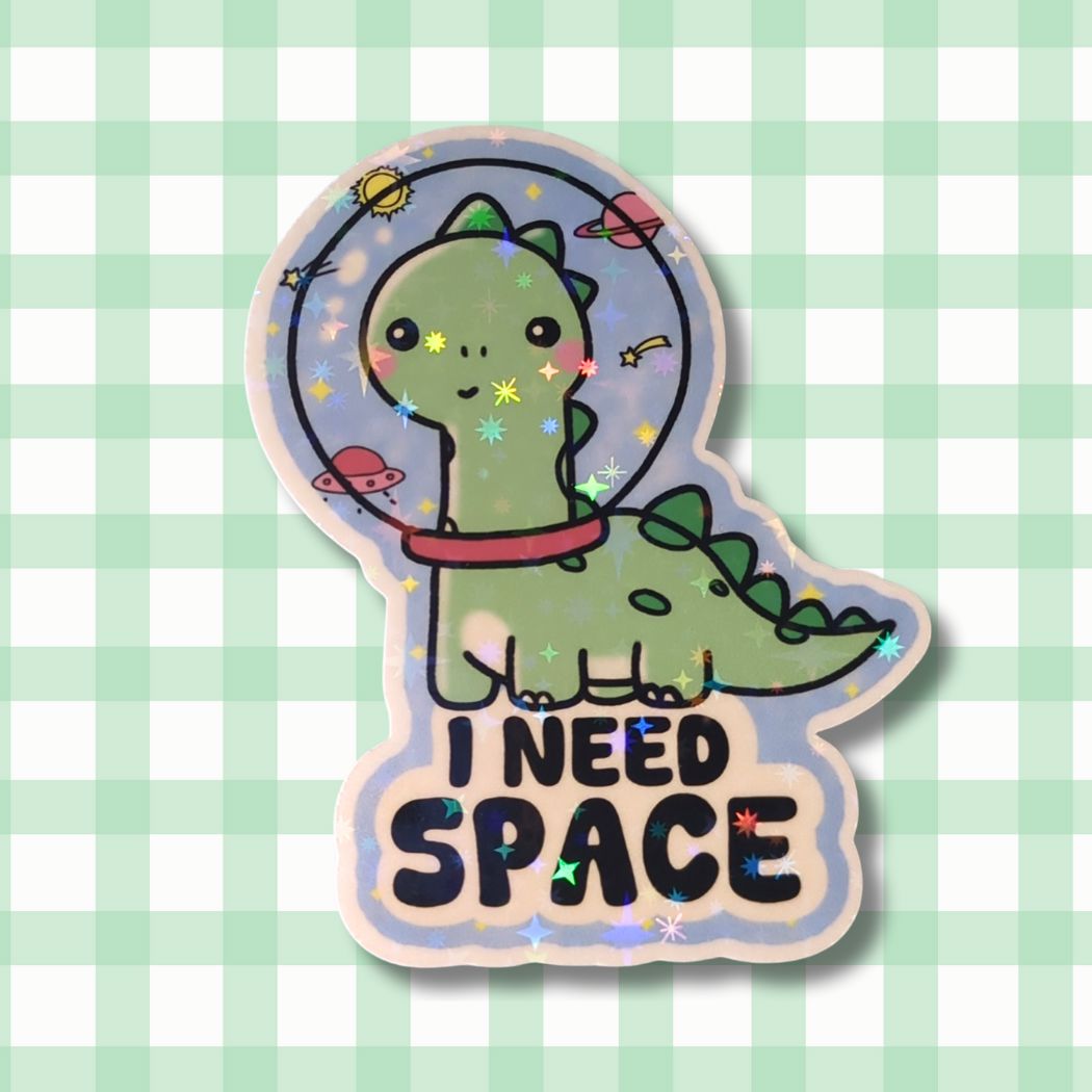 Holo Glitzer Vinyl Sticker - I need space - Süßer Dino im Weltall kindafcreations 