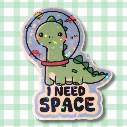 Holo Vinyl Sticker - I need space - Süßer Dino im Weltall kindafcreations 