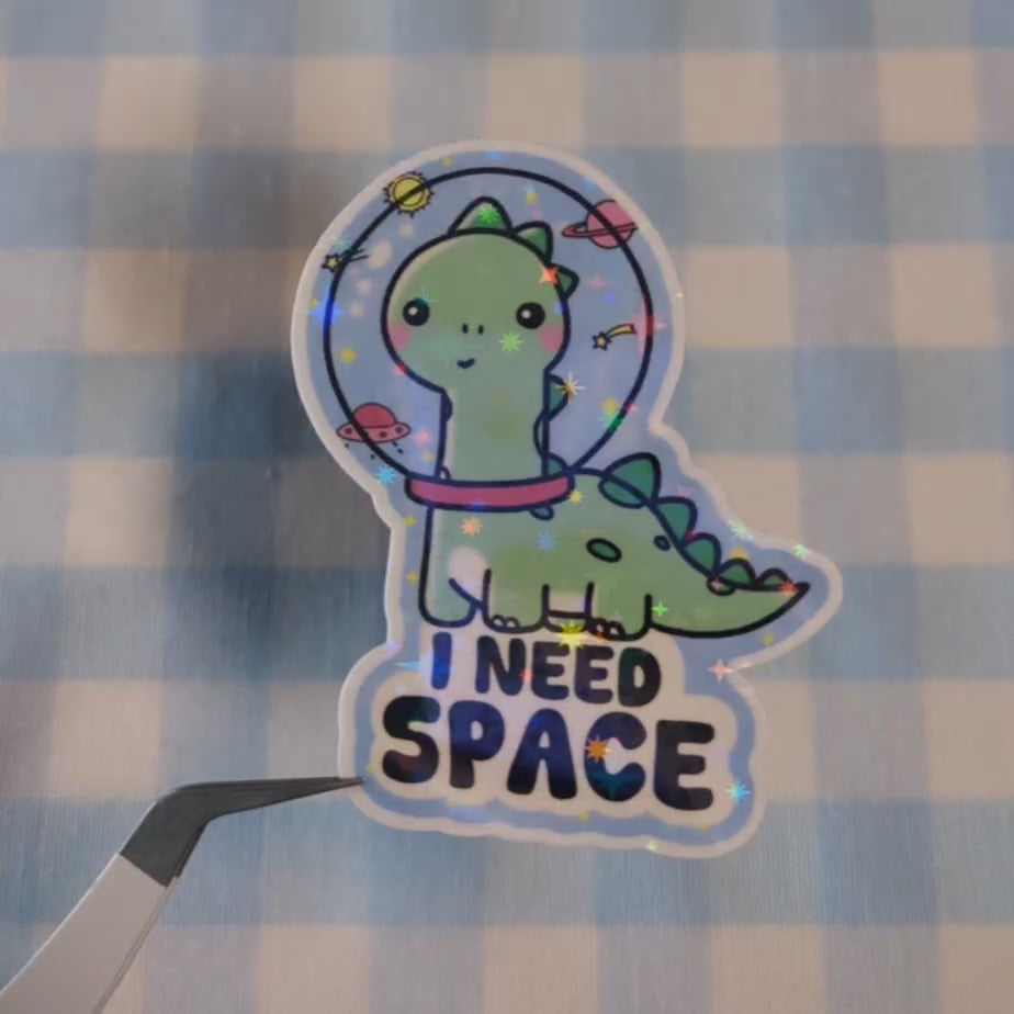 Holo Glitzer Vinyl Sticker - I need space - Süßer Dino im Weltall